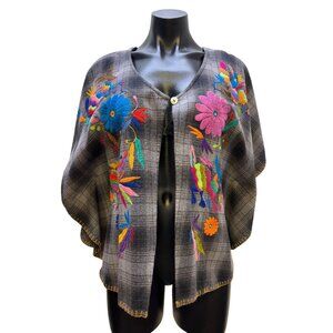 Sister Mary Embroidered Cape Gray Plaid With Multicolor Floral Design M